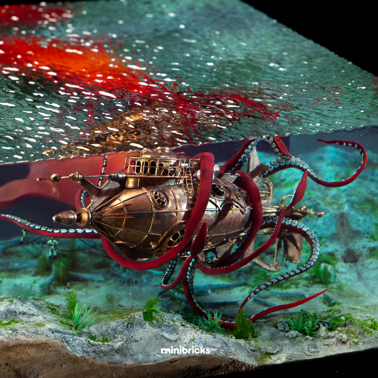 A squid attacks a steampunk submarine