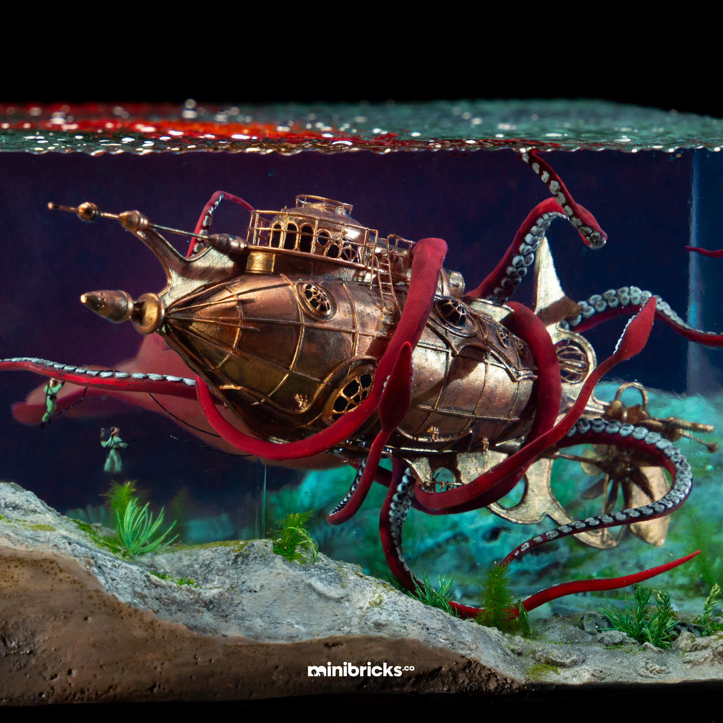 A squid attacks a steampunk submarine