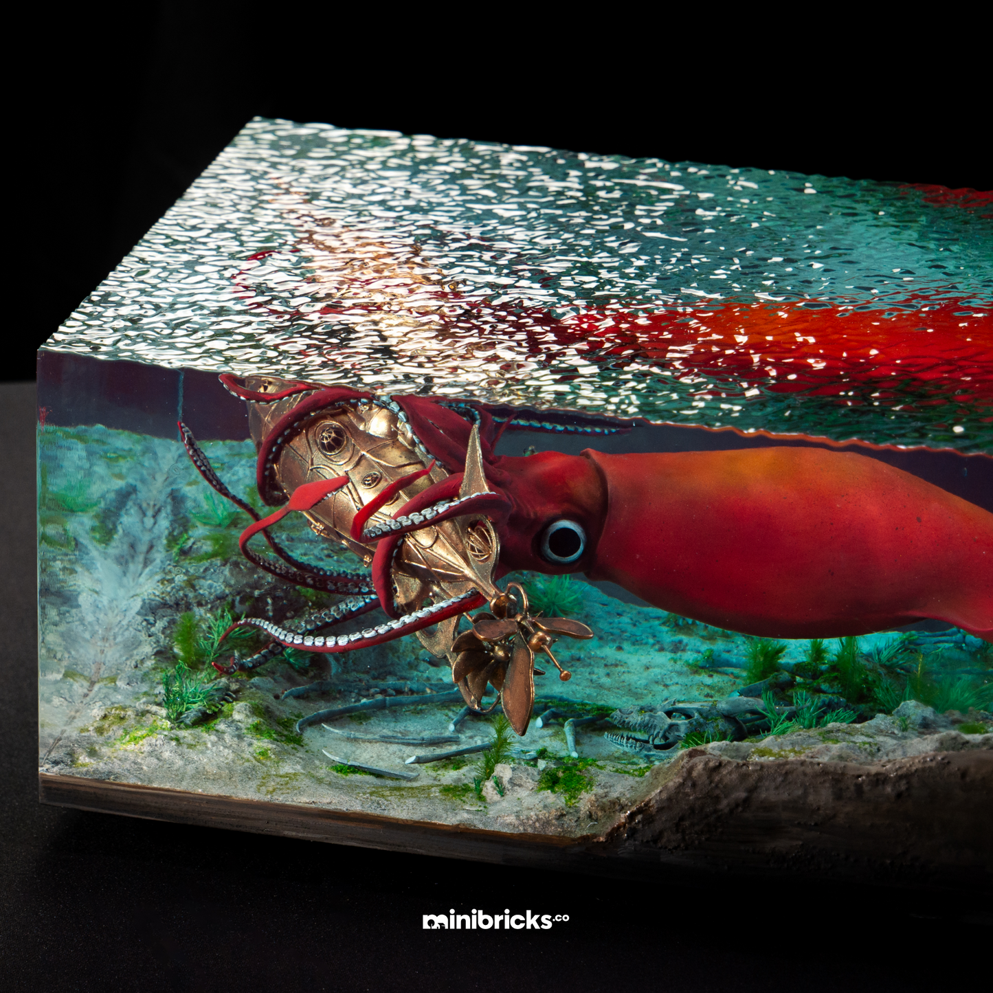 A squid attacks a steampunk submarine